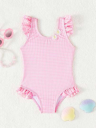SHEIN Baby Girl One-Piece Swimsuit With Special Fabric, Cute Pink And White Checkered Print Decorated With Flowers