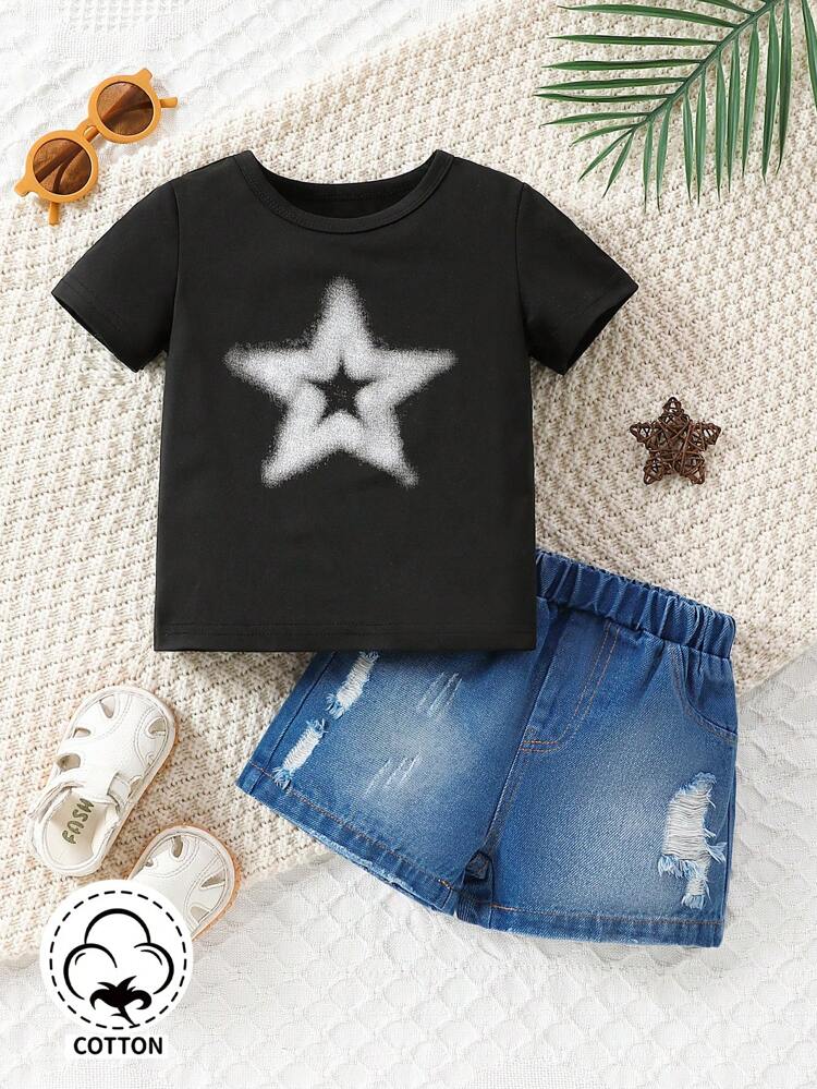 Baby Boys' Street Fashion Acid Washed Five-Pointed Star Subculture And Distressed Denim Shorts Outfit