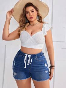 SHEIN EZwear Plus Size Women's Drawstring Frayed Denim Shorts - Medium Wash - View 4