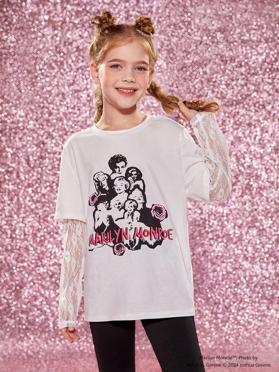 Marilyn Monroe X SHEIN Cô gái Tween Đồ họa Hình và Chữ Tay áo ren Tee 2 trong1 - trắng - Xem 1