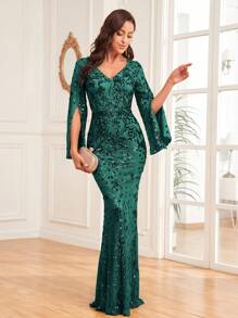 XUIBOL Women's Split Sleeve Sequin Embroidered Evening Gown - Dark Green - View 8