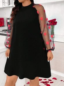 SHEIN Clasi Plus Size Embroidered Mesh Raglan Sleeve Stand Collar Dress With Heart Pattern - Black - View 6