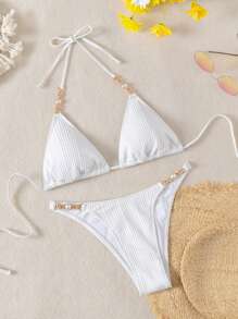 SHEIN Swim Solid Color Bikini Set, Chain Decor Two Piece Bikini Swimwear Bathing Suit Beach Outfit Summer Vacation - White - View 1