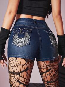 ROMWE Grunge Punk Low-Waisted Sexy Mini Denim Shorts With Back Pocket, Skull & Wing Embroidery And Rhinestone Detail - Dark Wash - View 4