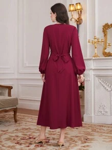 Modelyn Burgundy Red Lantern Sleeve Women's Dress With Shiny Rhinestones - Burgundy - View 2