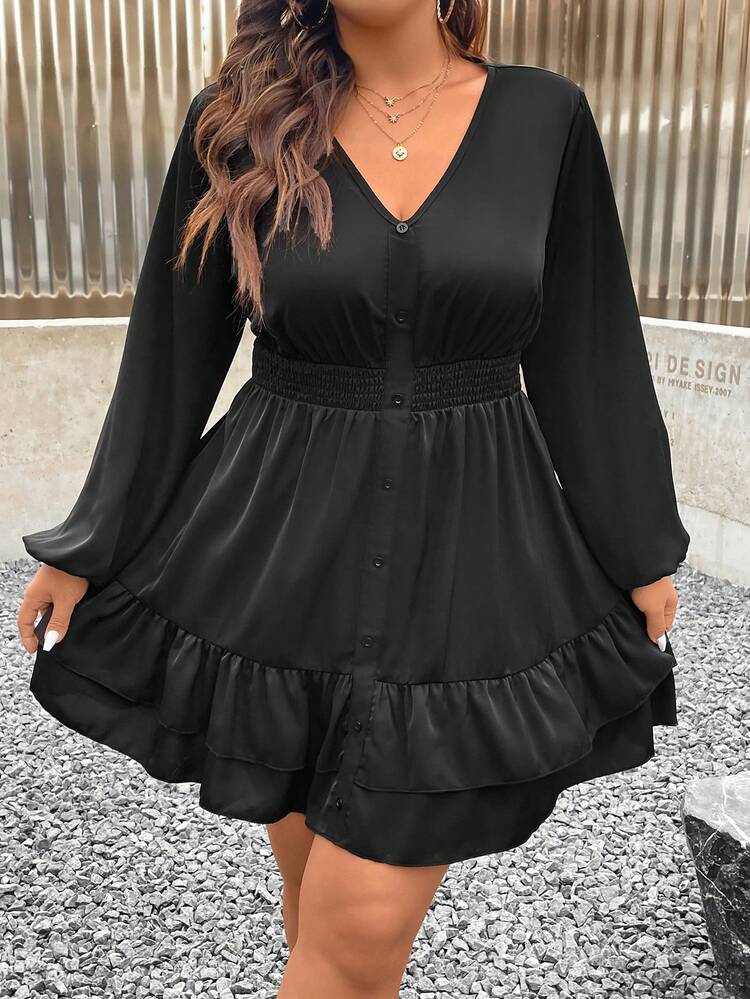 Plus Size Women's Lantern Sleeve Dress With Ruffled Hemline
