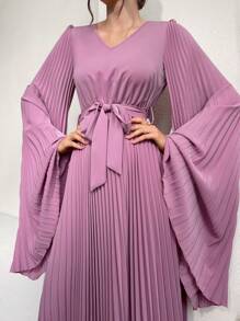 Modelyn Ladies' Super Long Solid Color Pleated Bell Sleeve Dress - Pink - View 6