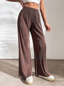 EURMUSE Woven Drawstring Waist Ribbed Pants - Brown - View 3