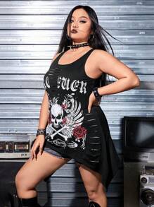 ROMWE Grunge Punk Plus Size Punk Ripped Skull & Wing Print Tank Top, School - Black - View 3