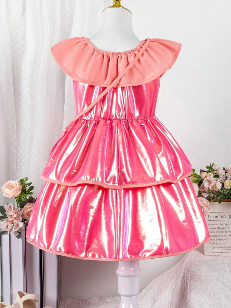 Young Girls' Ruffle Edged Color-Block Dress With Bow Decoration