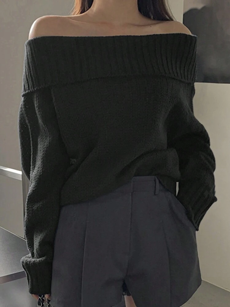 Women's Solid Color Off Shoulder Casual Sweater Off Shoulder Sweater,Long Sleeve Tops Fall