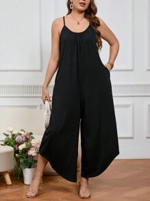 SHEIN LUNE Plus Size Solid Color Comfortable Jumpsuit With Asymmetrical Hemline And Pockets On Both Sides - Black - View 2
