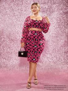 Marilyn Monroe X SHEIN 大尺碼全印花方領短上衣和裙子套裝，春夏風格 - 彩色 - 查看 2