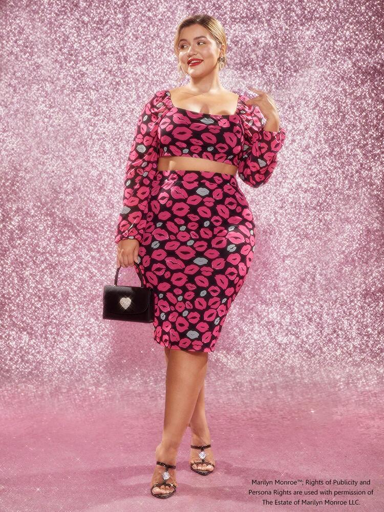 Plus Allover Print Square Neck Crop Top & Skirt Set Spring And Summer Style
