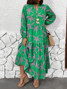 Breezaya Kích thước lớn Của phụ nữ Thực vật In Váy sơ mi - màu xanh lá - Xem 4