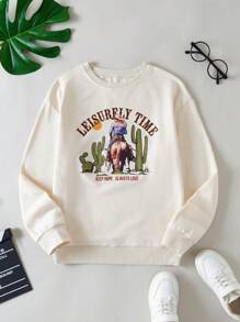 中小學女生印花休閒上衣長袖運動衫 - 杏色 - 查看 1