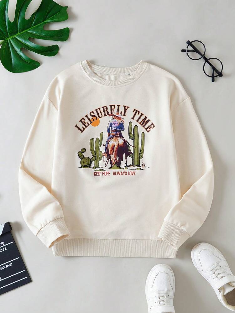 Tween Girls' Printed Casual Pullover Long Sleeve Sweatshirt