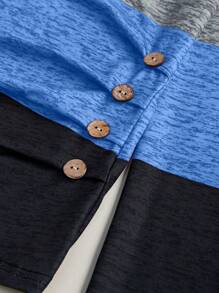 SHEIN LUNE Square Collar Long Sleeve Button Decor Contrast Color T-Shirt Fall Cloth For Women - Blue - View 4