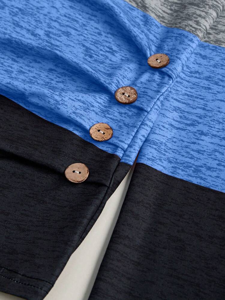 Square Collar Long Sleeve Button Decor Contrast Color T-Shirt Fall Cloth For Women