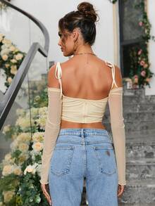 PARTHEA Cold Shoulder Ruched Asymmetrical Hem Mesh Corset Top - Apricot - View 2