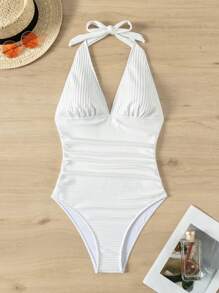 Swim Chiccia Summer Beach Solid Color One-Piece Swimsuit - White - View 4