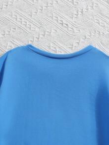 SHEIN 女大童太陽&字母圖案落肩T恤 - 寶藍色 - 查看 3