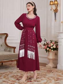 Modelyn Burgundy Red Lantern Sleeve Women's Dress With Shiny Rhinestones - Burgundy - View 5