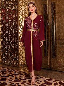 Layrah 勃艮第红色女士 3d 花朵装饰长袖 Jalabiya 连衣裙，优雅奢华晚会风格 - 酒紅色 - 查看 4