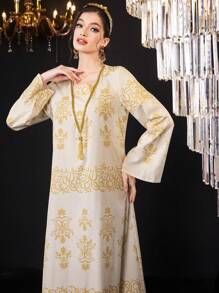 Layrah 女士金色编织带装饰阿拉伯风格 Jalabiya 连衣裙，带流苏，优雅奢华晚会风格