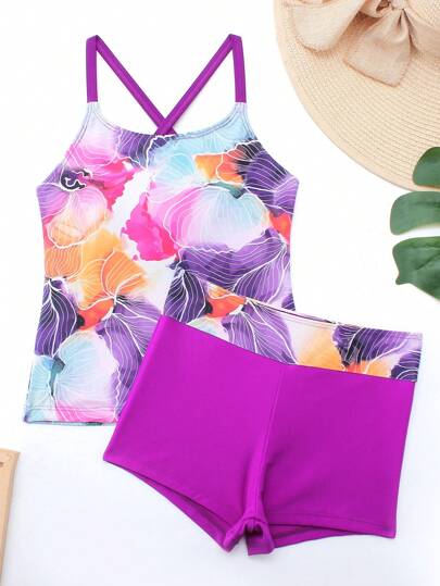 SHEIN 2 件/套 Tween 女童背心甜美酷感 2000 年花卉印花休閒度假背心比基尼套裝