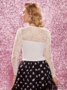 Marilyn Monroe X SHEIN V-Neck Lace Panel T-Shirt - White - View 2