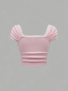 Sweetra Waffle Lace Patchwork T-Shirt Y2K Outfit 