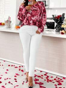 SHEIN Clasi 大尺碼綁染花卉印花不對稱領t恤 - 彩色 - 查看 5