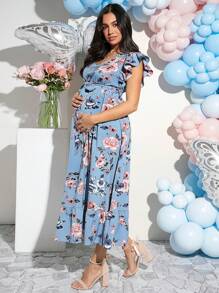 Loomaby 孕妇中长款花卉印花连衣裙，适合迎婴派对 - 藍色 - 查看 3