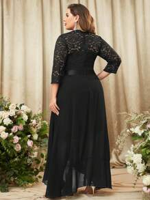 MIUSOL Plus Elegant Floral Lace 3/4 Sleeve Ruffle Trim Flowy Maxi Swing Dress, Formal Evening Gown, For Wedding Guest, Graduation, Dinner, Homecoming, Birthday Party - 黑色 - 查看 2