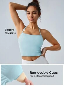 GLOWMODE FeatherFit™ T-Neck Racerback Tank Top Light Support Low Impact Yoga Studio Fall Winter - Aqua Blue - View 3