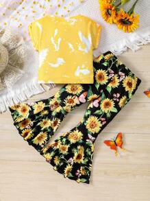 SHEIN Leap Crew Young Girl Knitted Flower Pattern Round Neck Loose Top And Knitted Flared Pants Set - Yellow - View 2