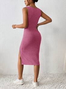 SHEIN PETITE Ribbed Split Hem Sleeveless Dress - Hot Pink - View 2
