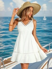SHEIN VCAY Solid Color Hollow Out Patchwork Ruffle Trim Vacation Dress For Women, Women Cruise Outfit - White - View 1