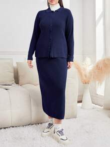 Mulvari Plus Size Women's Solid Color Cardigan And Knitted Skirt Set 2 Piece Set - Navy Blue - View 4