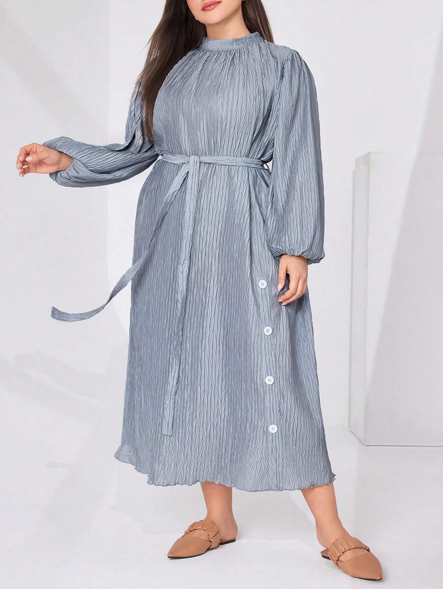 Mulvari Vestido De Manga De Farol De Material Texturado Para Mujeres De Tallas Grandes - Gris - Ver 1