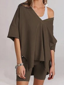 Conjunto Coordinado De Camisa Y Shorts Para Descansar Con Cuello En V - Marrón - Ver 5