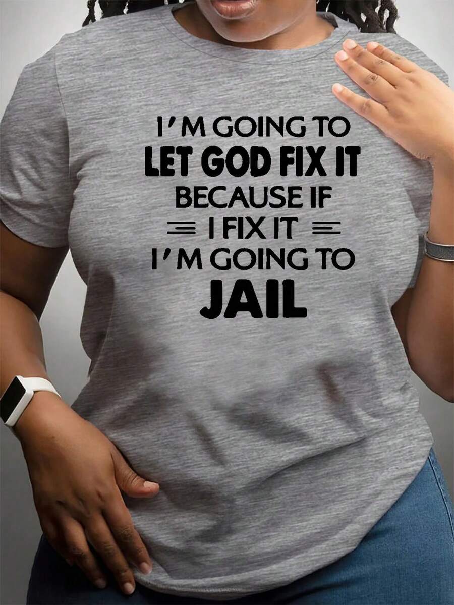 大码女式口号印花圆领短袖休闲 T 恤