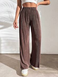 EURMUSE Woven Drawstring Waist Ribbed Pants - Brown - View 1