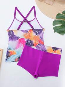 SHEIN 2pcs/Set Tween Girls' Cross-Back Sweet And Cool Y2k Floral Print Leisure Vacation Tank Bikini Set
