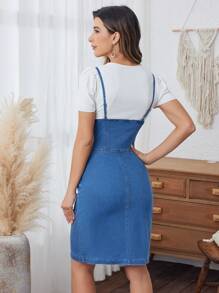 SHEIN LUNE 1 Pièce Robe En Jean Devant Nouée Avec Fines Bretelles