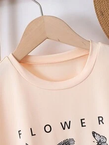 SHEIN Cô gái Tween Hoa & Lá thư In Giải trí Ngắn tay Áo thun - Màu be - Xem 6