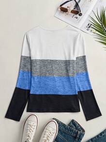 SHEIN LUNE Square Collar Long Sleeve Button Decor Contrast Color T-Shirt Fall Cloth For Women - Blue - View 2
