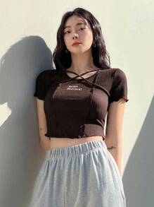 DAZY Letter Embroidery Criss Cross Crop Tee - Coffee Brown - View 3