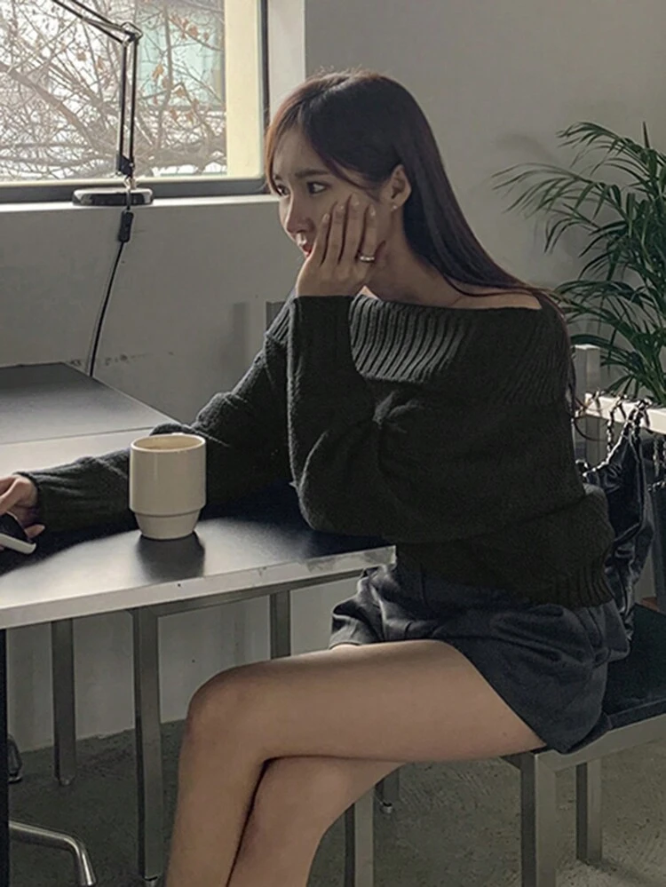 Women's Solid Color Off Shoulder Casual Sweater Off Shoulder Sweater,Long Sleeve Tops Fall
